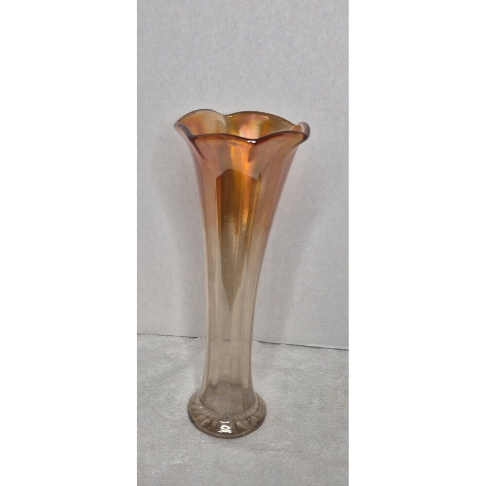 Dugan-Diamond Satin Marigold Carnival Glass  Morning Glory Swung Vase  8" tall